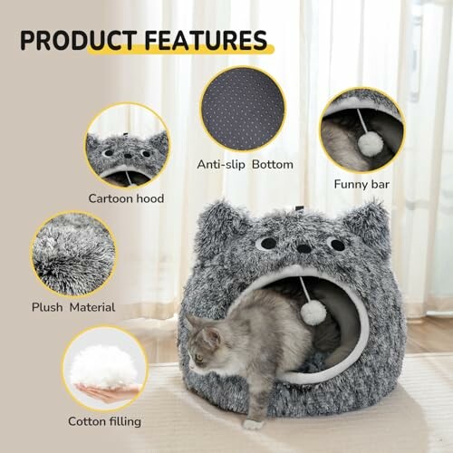 Cat bed with cartoon hood, anti-slip bottom, plush material, cotton filling, and funny bar.