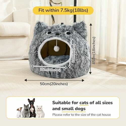 Gray cat and dog bed with dimensions and weight limit.