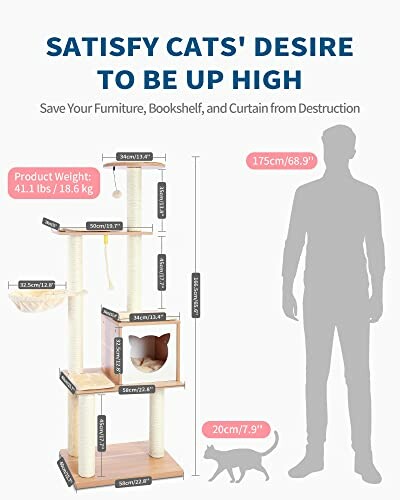 Cat tree dimensions with human and cat size comparison.