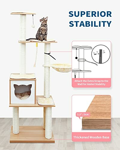 Cat sitting on a multi-level cat tree with scratching posts and a hanging toy.