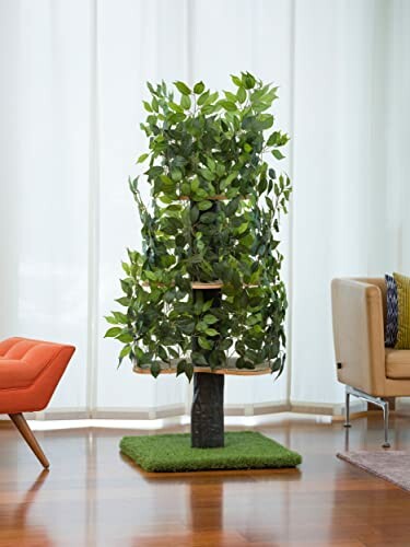 Indoor cat tree with leaf design in living room