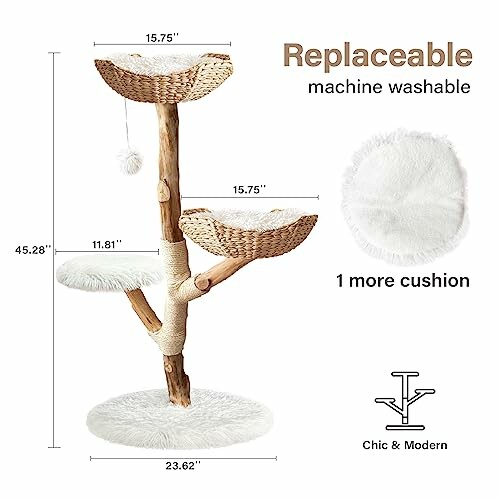 Modern cat tree with replaceable, machine washable cushion.