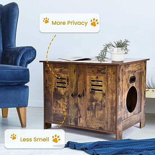 Wooden cat litter box enclosure with privacy features and reduced smell benefits.