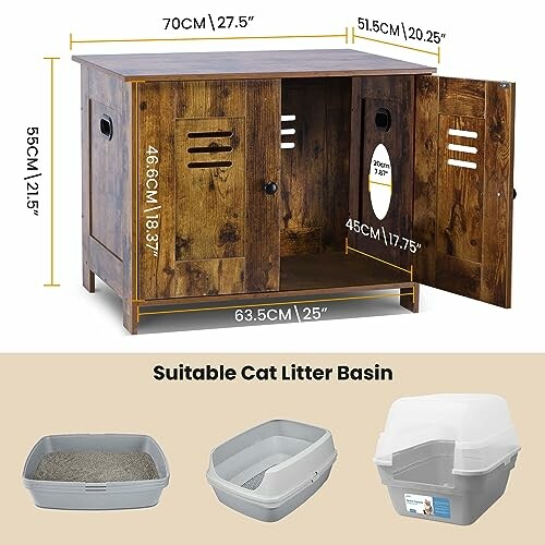 Wooden cat litter cabinet with dimensions and suitable litter boxes.