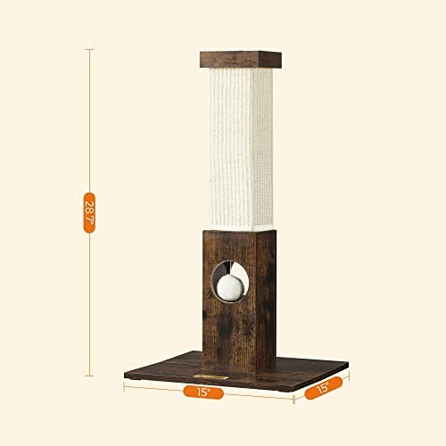 Wooden cat scratching post with a ball toy and measurements.