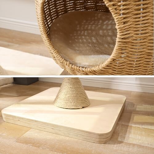 Woven cat bed with a wooden base on a light wooden floor.